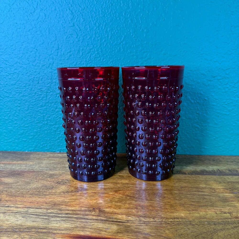 Vintage Anchor Hocking Red Glass Hobnail Tumblers